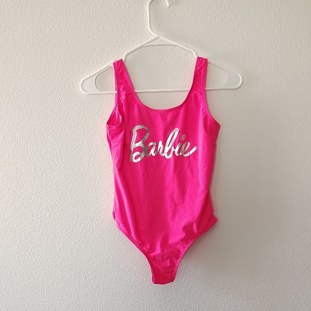 Girls Barbie Hot Pink One Piece Swimsuit Side 10/12